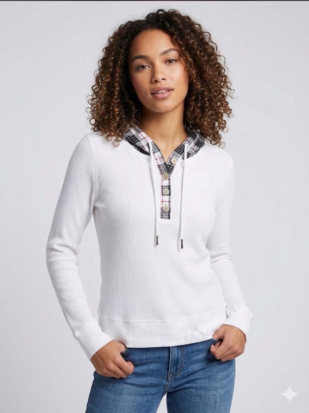 Tommy Hilfiger White Waffle-Knit Hoodie With Plaid Trim